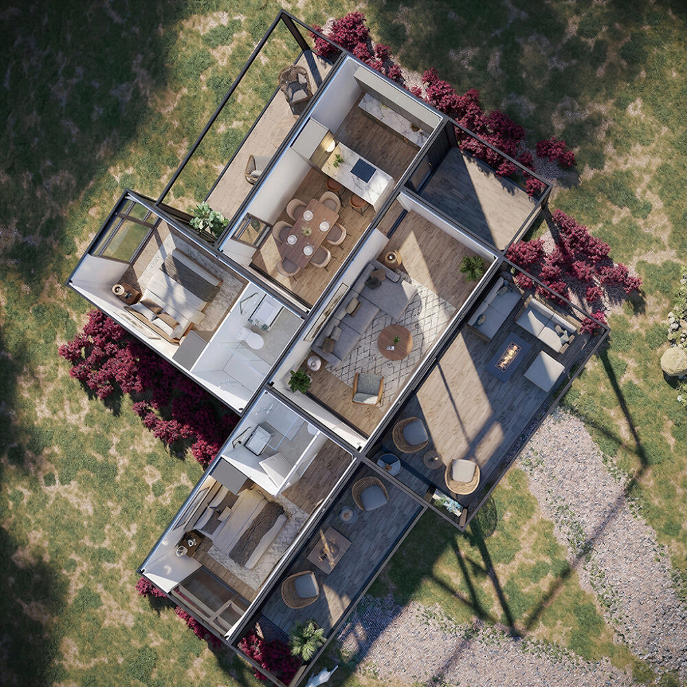 Elegant Single-Story Container Home: Two Bedrooms, Two Living Rooms!