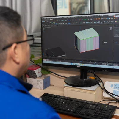 AKAY 3D rendering artist designs a rendering of a container house in front of a computer